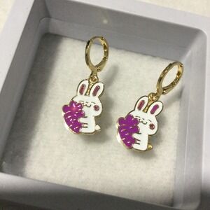 Gold Laminated Bunny Rabbit GoldTone Dangle Earrings Purple Flower Cartoon Cute